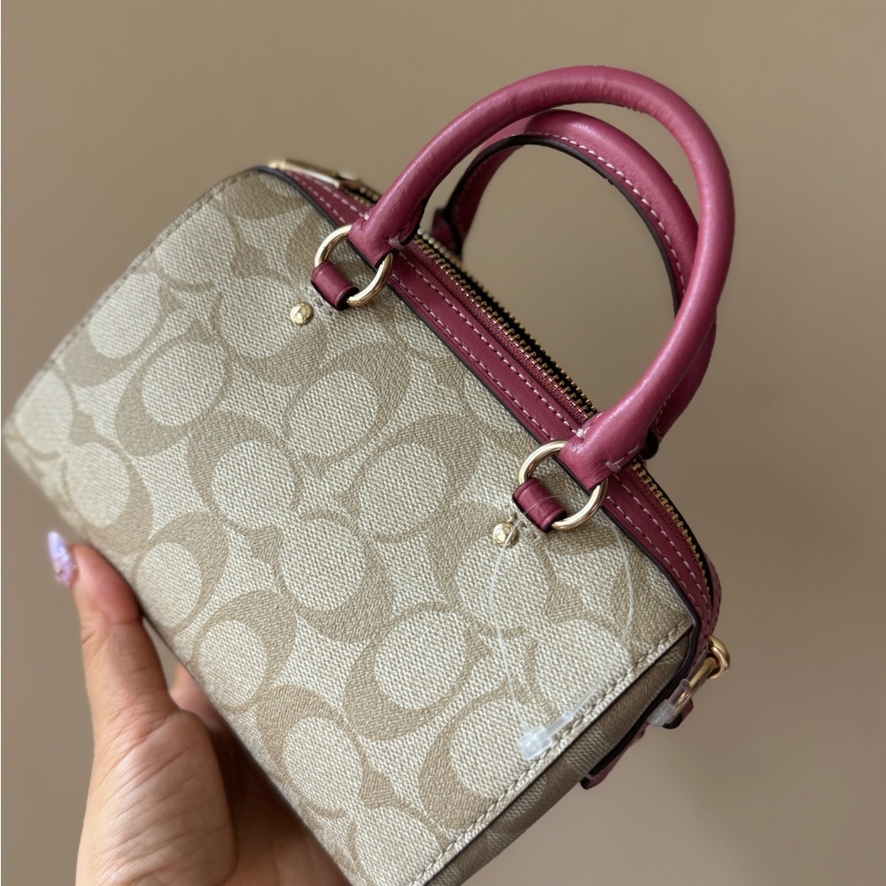 COACH Mini Rowan Crossbody In Signature Canvas Light Khaki Rouge Red C9947 - Picture 5 of 5